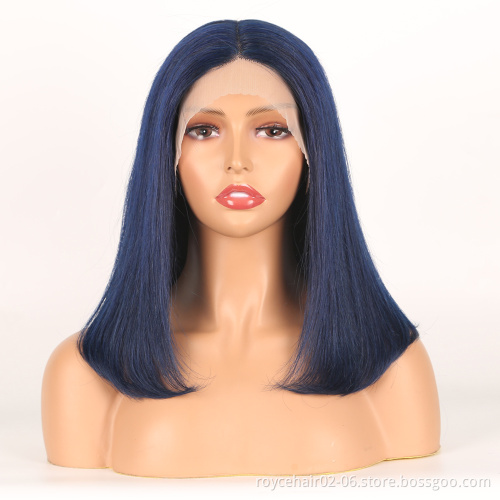 Dark Blue Color Highlight Lace Front Wig,Cheap Human Hair Blue Hair Wigs, Colored Piano Bule Two Tone Lace Bob Wigs